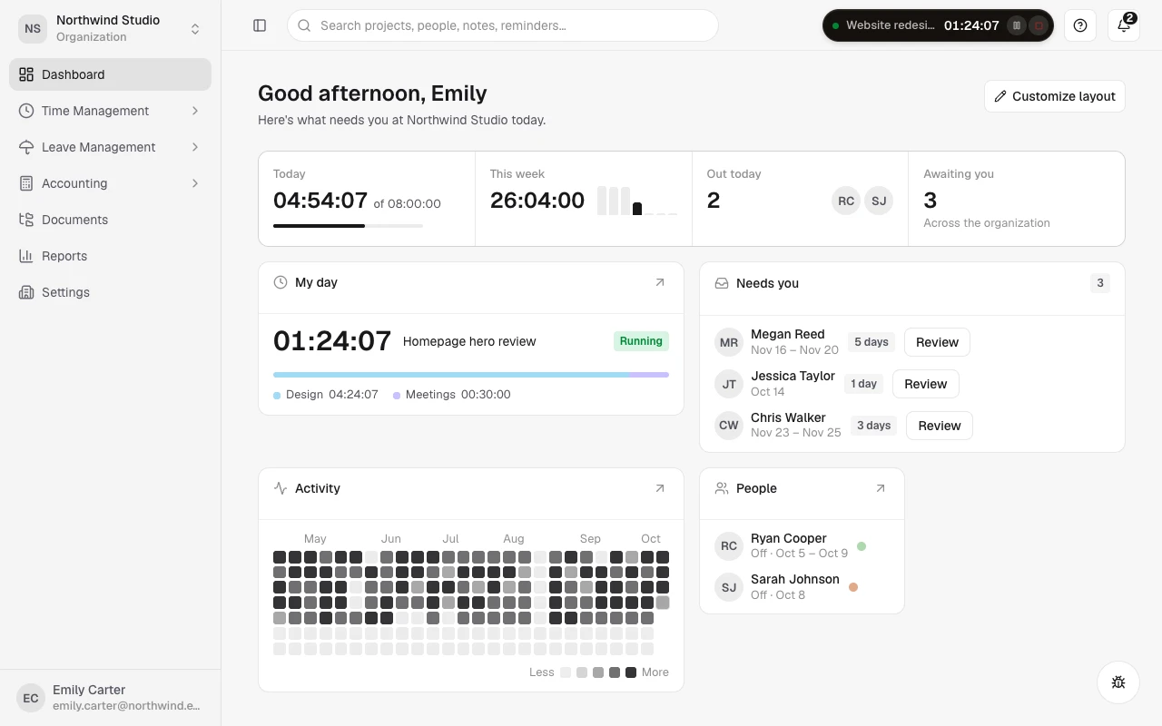 The Vaia dashboard for Northwind Studio, showing today's tracked time, who is out, and the approvals waiting for review.