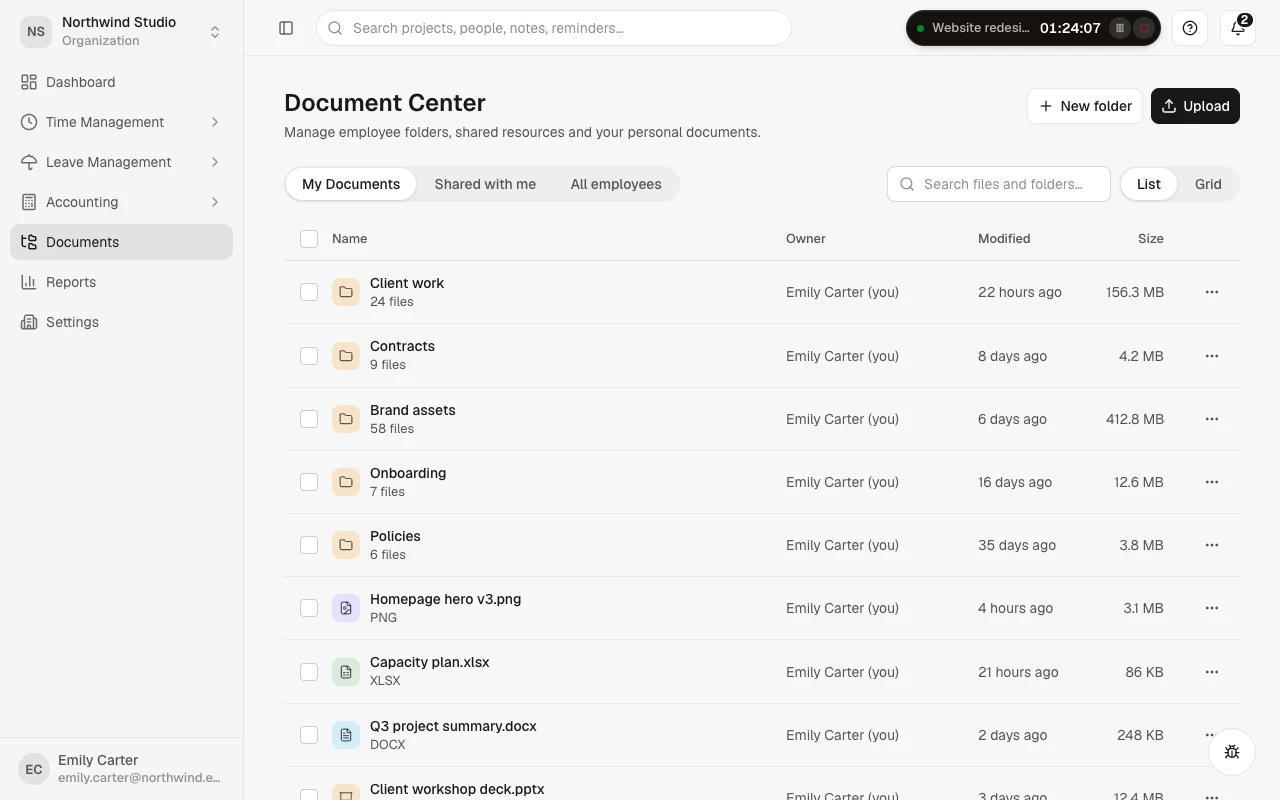 The Vaia document center with shared folders and files.