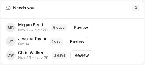 Timesheets waiting for a manager's review in Vaia.