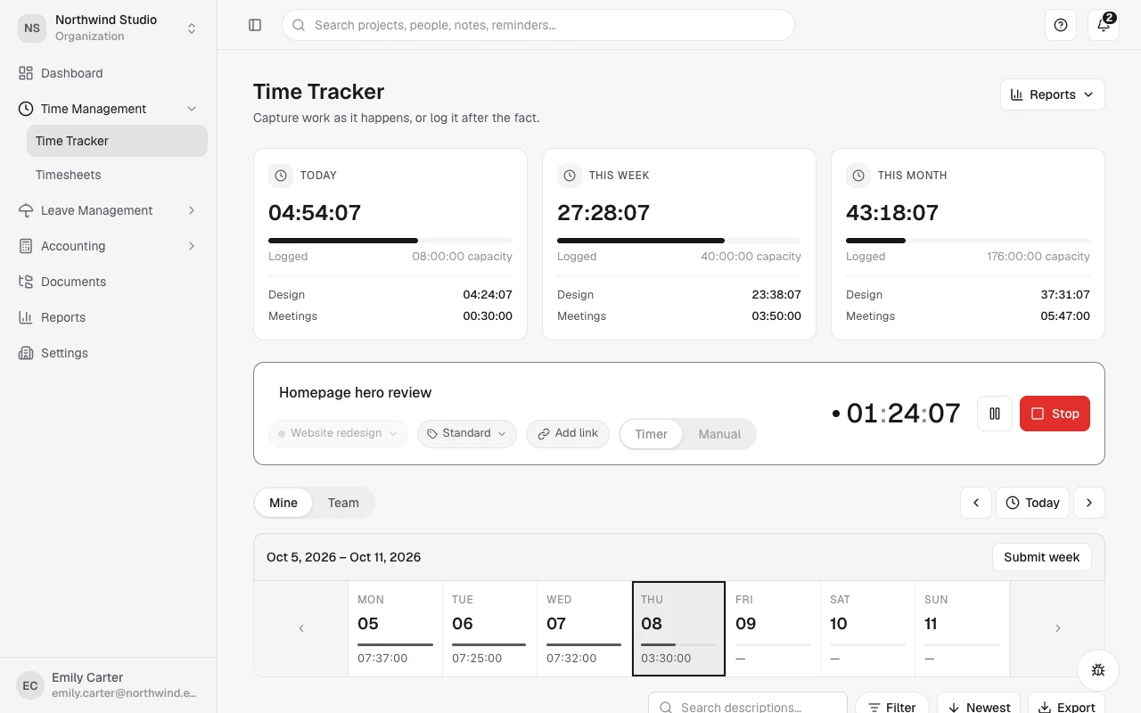 The Vaia time tracker with a running timer and today's entries, each linked to a project.